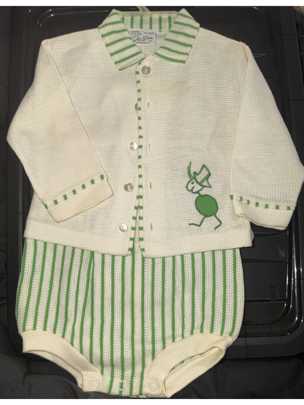 VTG 1970s Doe-Spun Two Piece Baby Boy Shorts Cardigan Green Bug Sz 12 Months